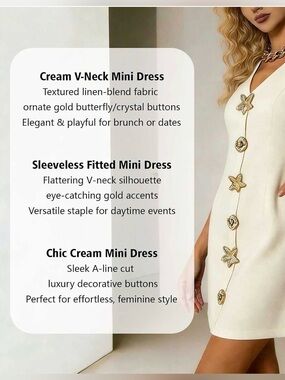 Sleeveless Cream V-Neck Mini Dress with Gold Accent Buttons